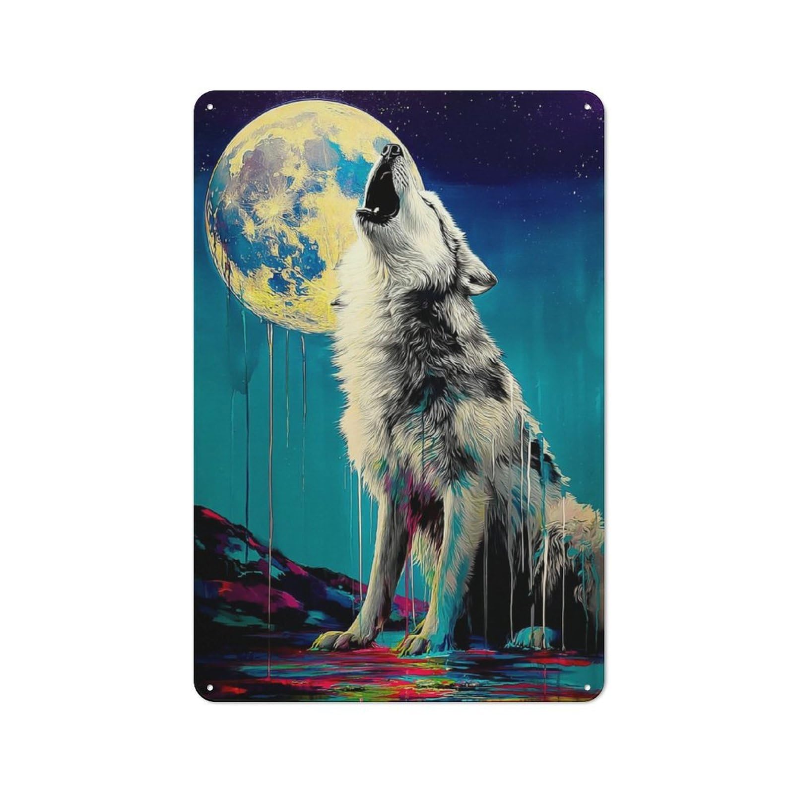 Junmoney Howling Wolf Under Moonlit Sky -4 Country Metal Sign With Design 30X20cm, Farmhouse Farmhouse Wall Decor For Kitchen, Cottage, Porch Or Garden Room