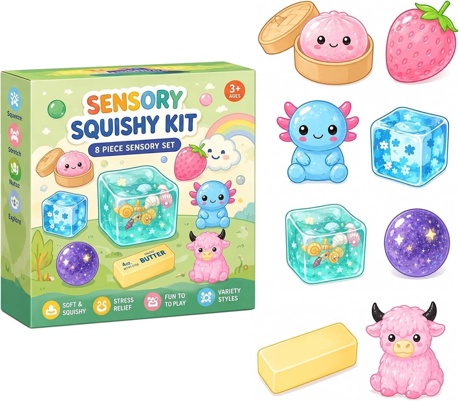 8-Piece Set Mystery Box, Blind Box Malt Sugar, Creative Slow-Return Squishies, Party Gift, 8 Stress Relief Soft Stretchy Squeeze Desk Toys for Adults, Office, Home & Travel (#A)