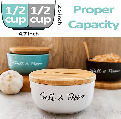 Miniatura 10 de Cuencos de cerámica para sal y pimienta, bodega de sal con tapa y cuchara de bambú, soporte para caja de sal de granja con dos compartimentos