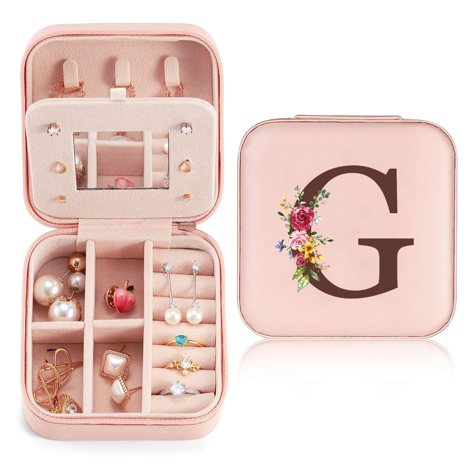 Portagioie con Lettera Iniziale G, Piccoli Scatola Portagioie da Viaggio con Specchio, Mini Porta Gioielli da Viaggio, Gioielli Pelle PU Portagioie Organizer Regalo di Compleanno per Donne Ragazze