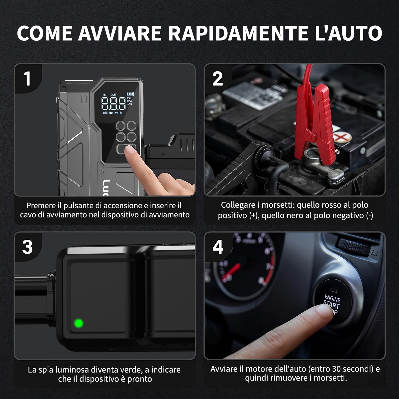 Lucklike Avviatore Batteria Auto con Compressore 150 PSI, 21800mAh Avviatore Batteria Macchina, 12V Avviatore Emergenza per Auto (ALL Gas 12,0L Diesel) Emergenza Jump Starter con LED Torcia, USB, LCD