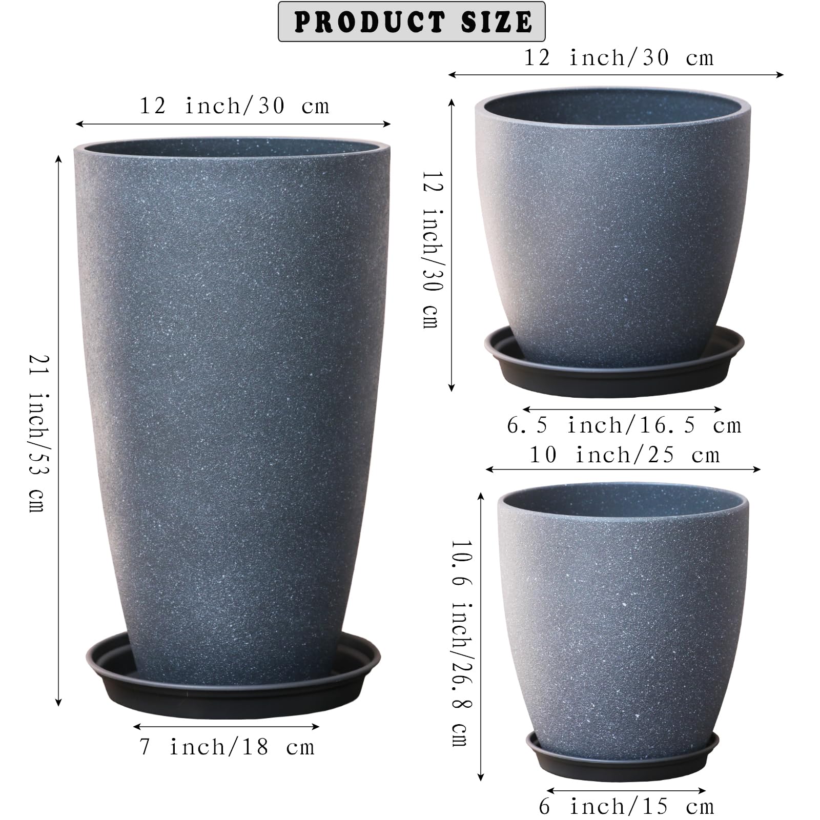Lot de 3 pots de fleurs décoratifs SE SUN-E en plastique, pots de jardin hauts ronds avec trou de drainage et soucoupe, peinture de surface en ciment gris robuste et inodore, pots de plantes modernes