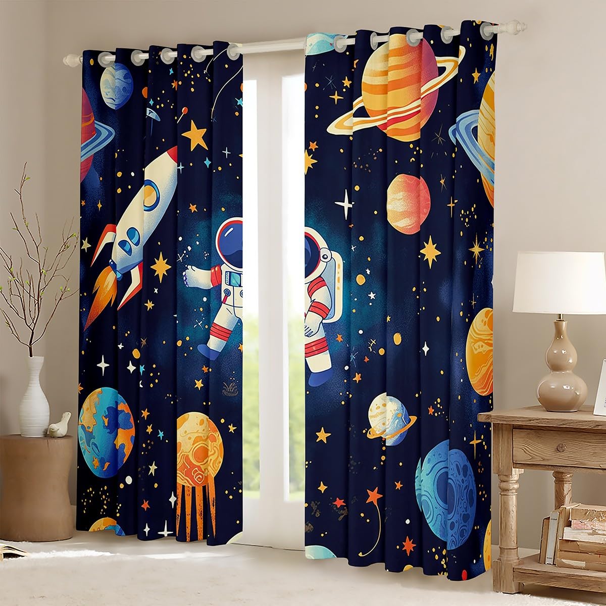 Homemissing Space Rocket Curtains (2 Panels,W46*L72) For Bedroom Kids Boys Teens Cosmonaut Spaceman Window Curtains Outer Space 30%-50% Blackout Curtains Universe Planets Room Decor Window Treatments - Image 2