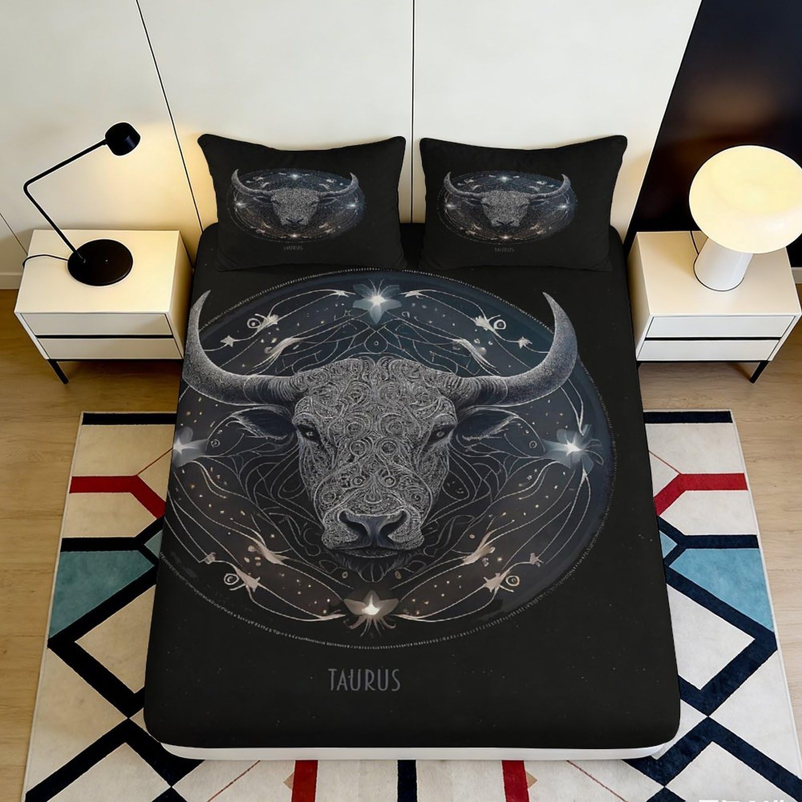 3D Printed Taurus Zodiac Bull Fitted Sheet Microfiber Bedroom Decor Star Constellation Bed Cover for Adults Teens 90x200x25cm