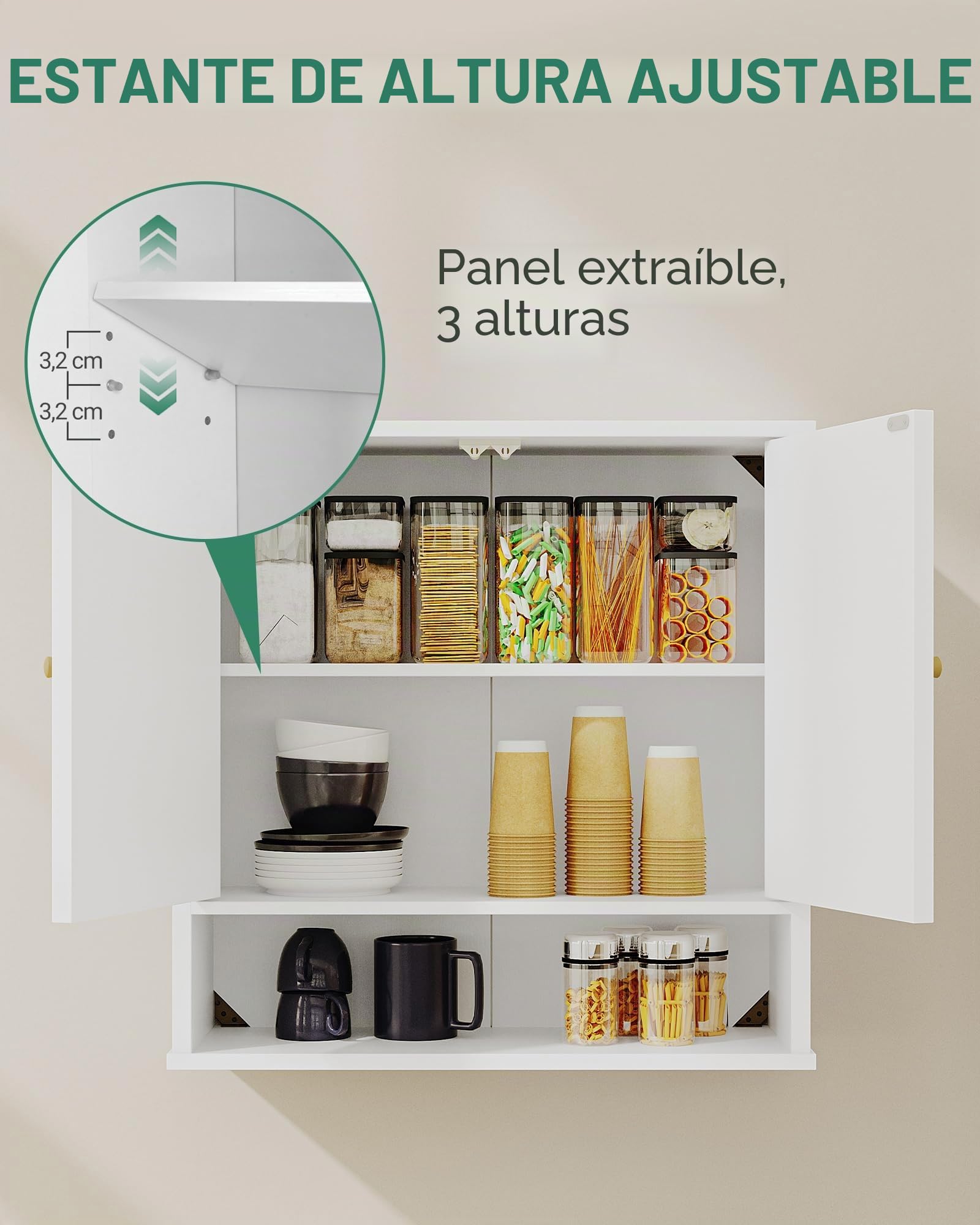 Hzuaneri Armario de Pared de Baño, Armario de baño Encima del Lavabo con 2 Puertas, Espacio Abierto y Estantes Ajustables Armario de Medicina, Blanco con Veta de Madera BC40113X