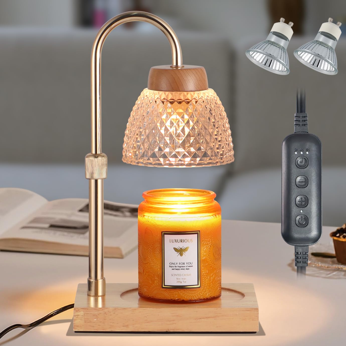Ściemniana lampa do podgrzewania świec z timerem, elektryczny podgrzewacz do świec zapachowych w słoikach, regulowana wysokość, prezenty urodzinowe dla kobiet, mamy, babci, domu, biura, dekoracja, z 2