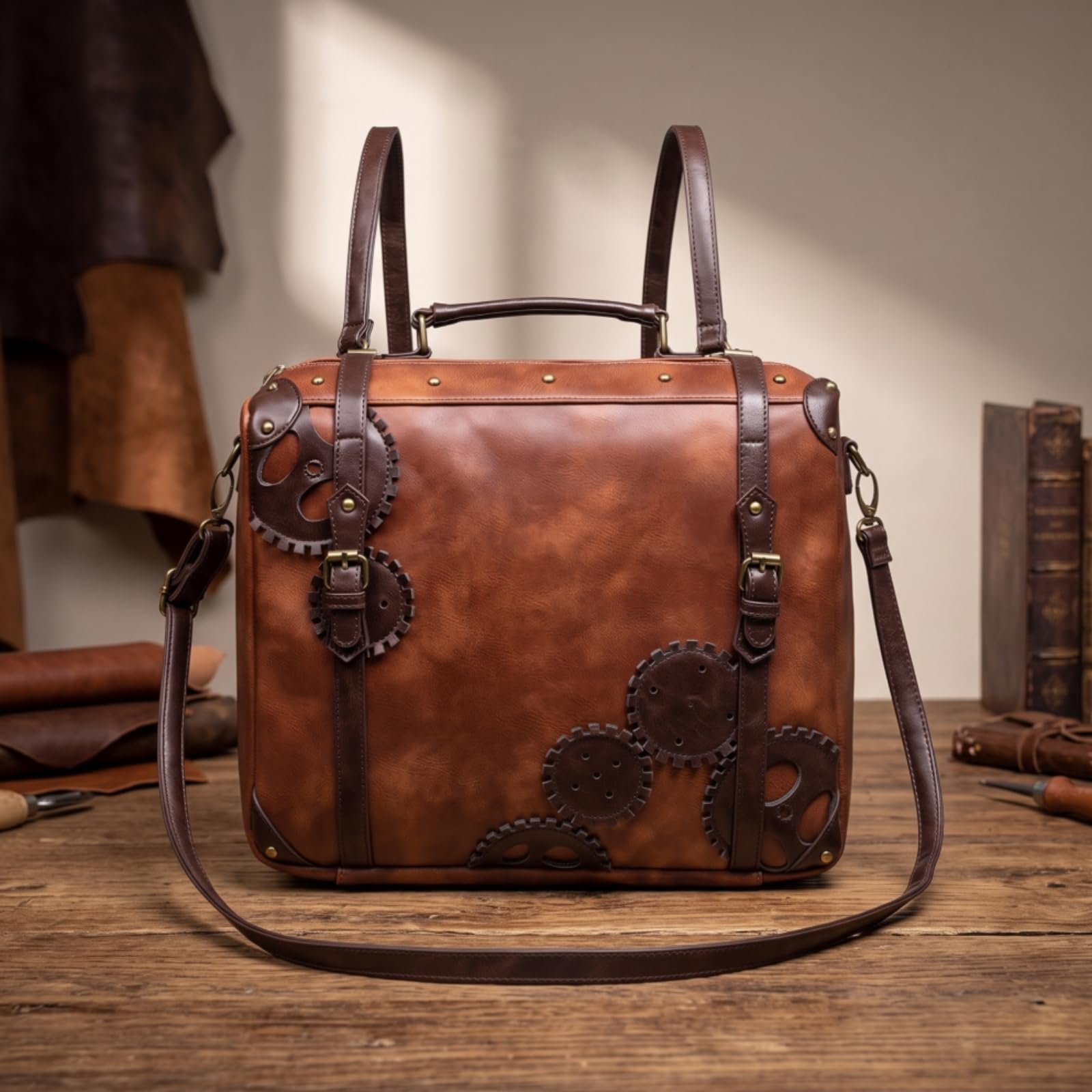 Harilla Bolso Bandolera Mujer Bolso Cruzado Mochila Bolsa Hombro Cartera Diseño Retro con Apliques Tipo Engranaje y Ribetes Múltiples Posiciones de Uso Adecuado para Ciudad Excursiones