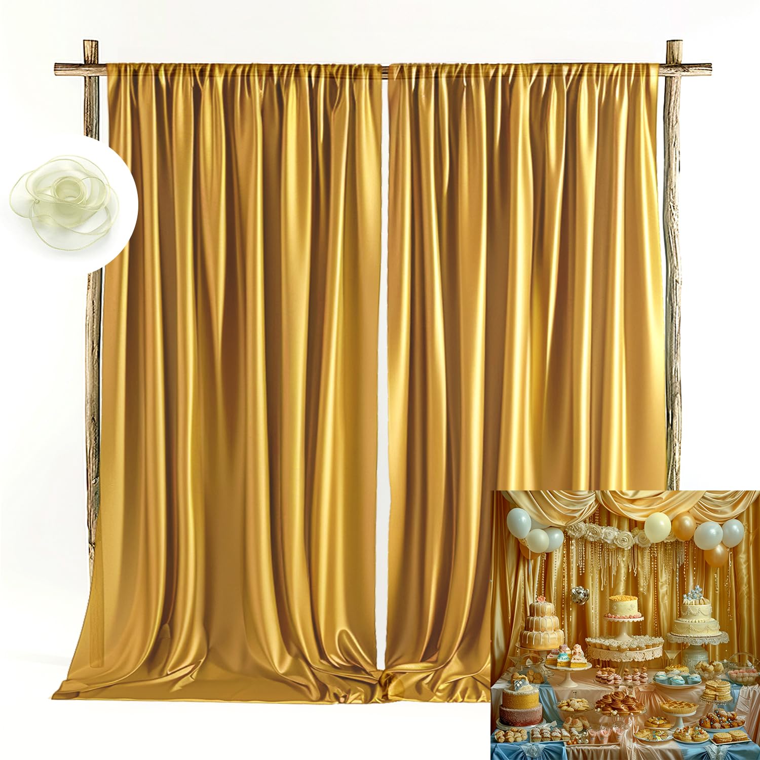 TOAOFY 10x8ft Gold Backdrop Curtain Gold Satin Backdrop Curtains Decorative Party Drapes for Graduation Birthday Wedding Party Decoration Props
