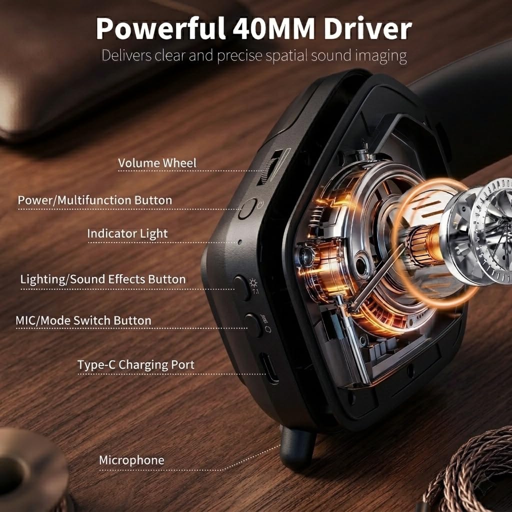 RK ROYAL KLUDGE HG101 Wireless Gaming Headset, 7.1 Surround Sound, Stereo Wired Headphones with Retractable Mic, Bluetooth 5.3, RGB, Memory Foam Ear Pads, Works with PC, PS4, PS5, Switch, Black - 5