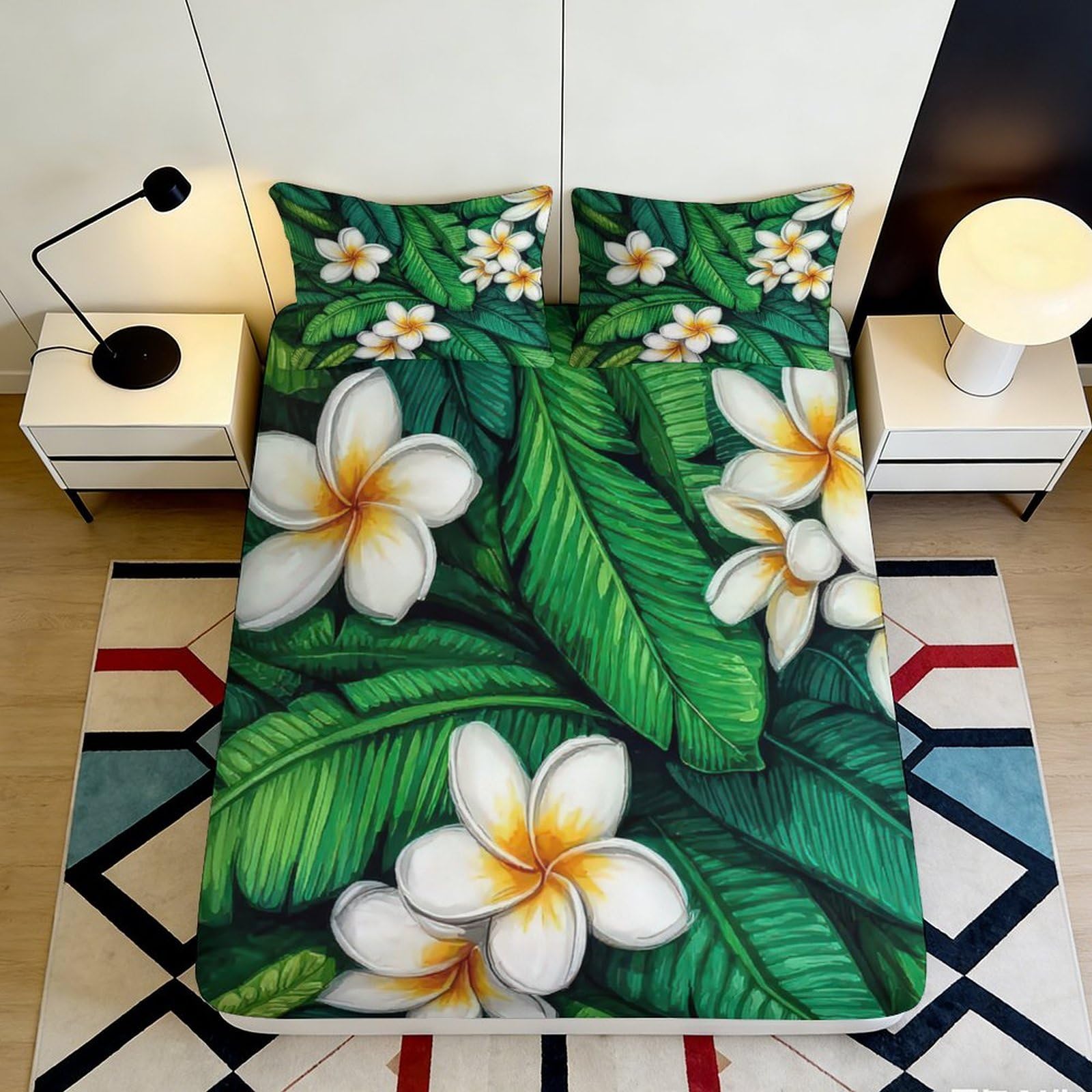 Jqzkxnhpbr Style-3 3D Printed Tropical Plumeria Fitted Sheet Microfiber Soft Leaf Pattern Mattress Cover For Bedroom Guest Room Decor 90X200x25cm