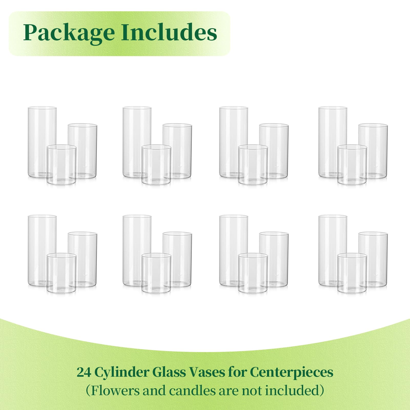 Set de 24 Jarrones Cilíndricos de Cristal Hewory, Jarrón Alto de Cristal Transparente para Flores, Portavelas Huracán para Velas de Pilar Flotantes, Florero para Centro de Mesa, 15/20/25cm
