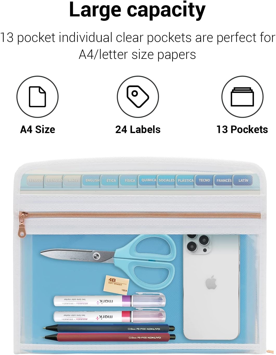 Mukawa 13 Pocket Zippered Expanding File, Zippered Accordion File Organizer, Accordion Folder with Zipper for Documents Letter Size A4 Papers (Blue) image 5