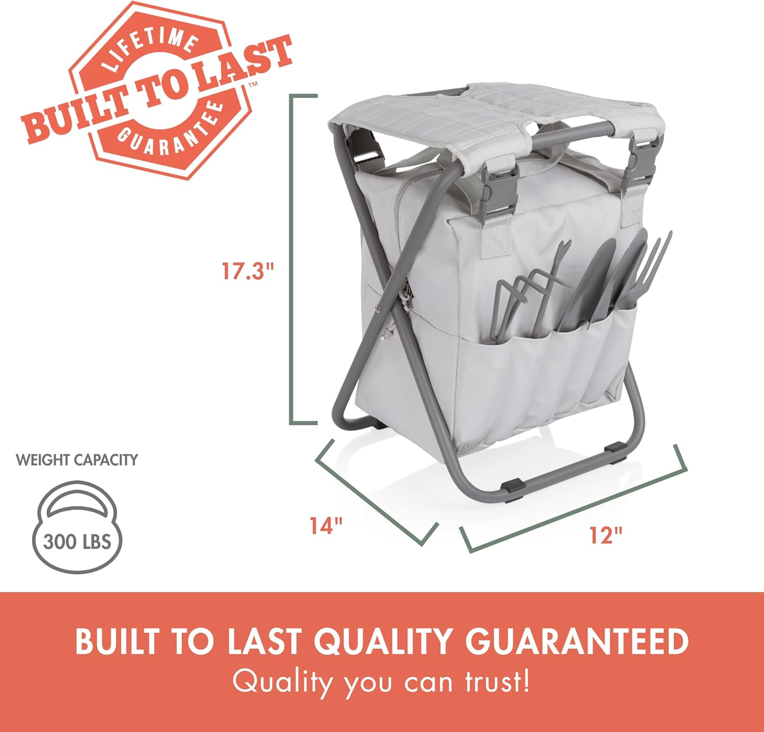 Picnic TIME Gardener 2.0 Folding Seat with Tools, Folding Garden Stool with Detachable Storage Tote Bag, Portable Folding Chair Seat with Garden Tools Set Organizer, (Fog Gray)