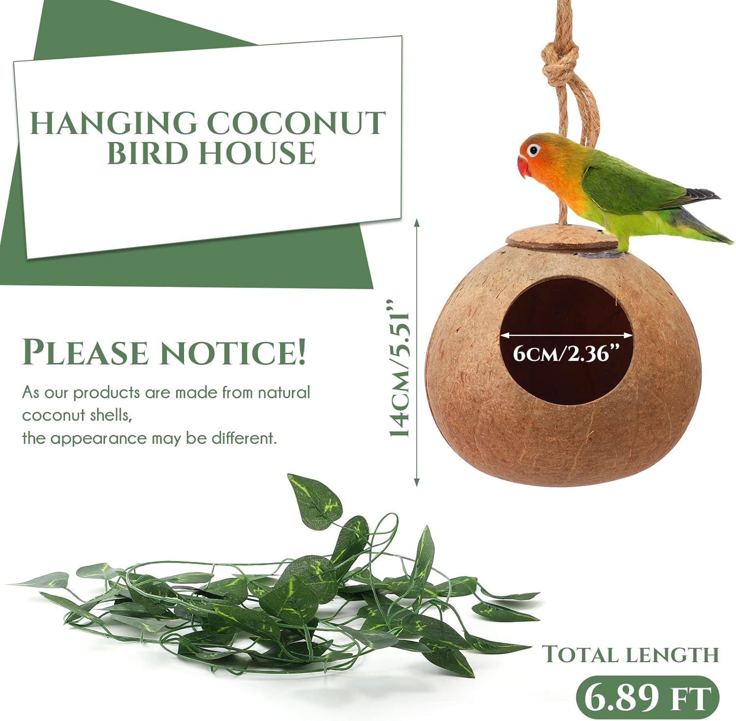 Skylety 3 Pcs Coconut Bird Nest Hut Hanging Bird House Coconut Hide with 6.9 Feet Fake Vines Coconut Fiber Shell Small Bird Cage Accessories for Parrot Parakeet Canary Reptile Crested Gecko Hamster