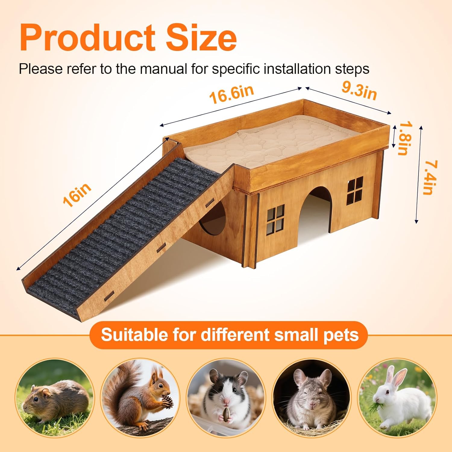 Large Rabbit Hideout, Rabbit Houses and Hideouts, Wooden Bunny House and Hideouts, Bunny Castle with Stair, Chinchilla and Guinea Pigs Hut Hideout（Excluding String Lights）
