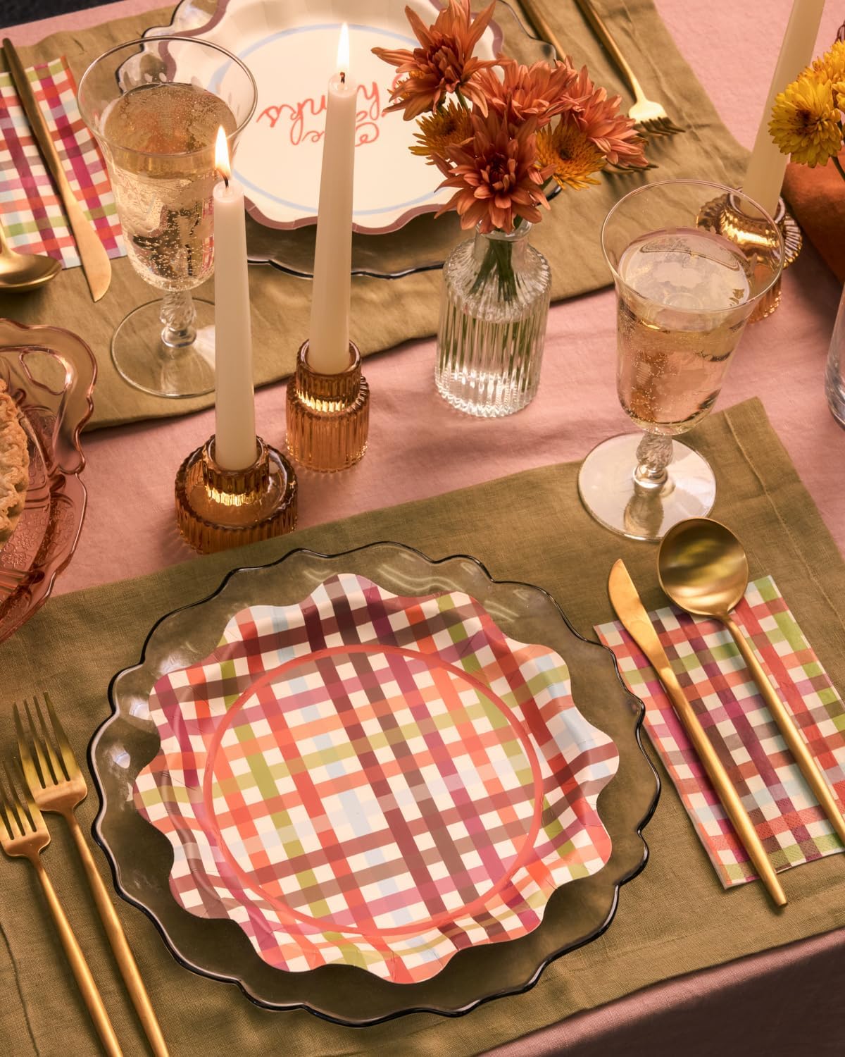 xo, Fetti Thanksgiving Paper Plates | 24 pcs | Give Thanks Party, Fall Plaid Tableware, Wavy Dinner Setting, Friendsgiving Decor