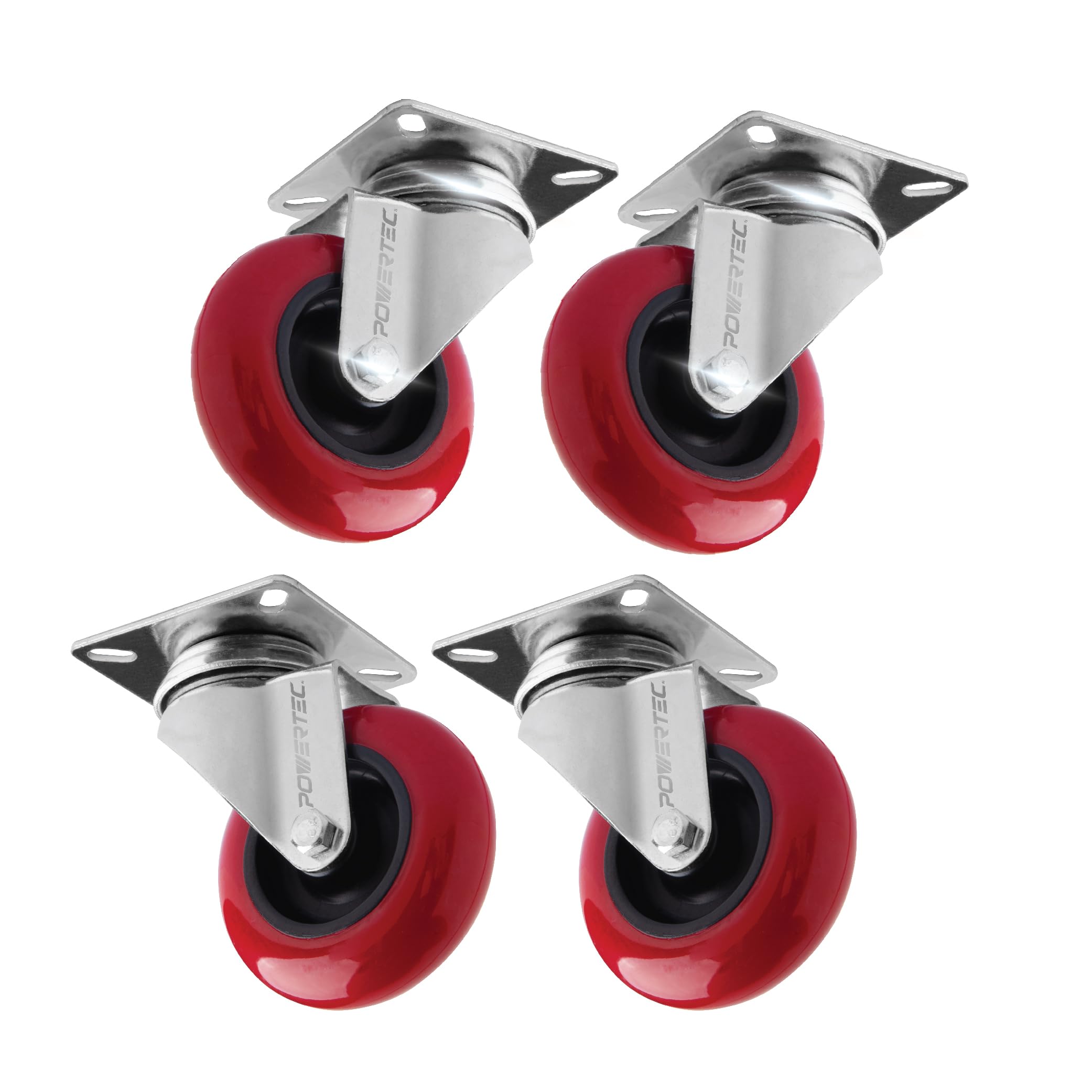POWERTEC 3 Inch Swivel Caster Wheels Set of 4 with 640 lbs Loads, Heavy Duty Plate Casters, PU Castor Wheels for Furniture, Cart, Dolly and Workbenches (17206)