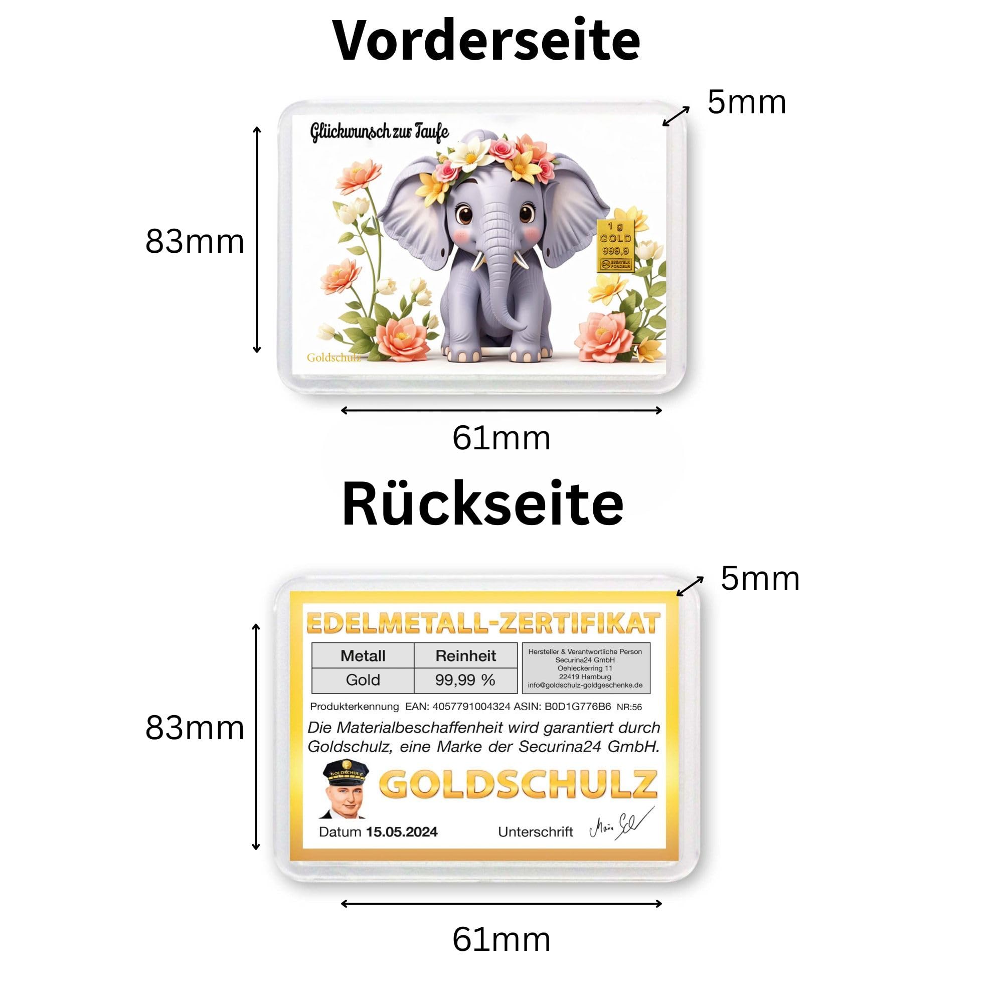 Goldbarren 1g 1 Gramm Motivbox - Zur Taufe Elefant - Geschenk + Echtheitszertifikat