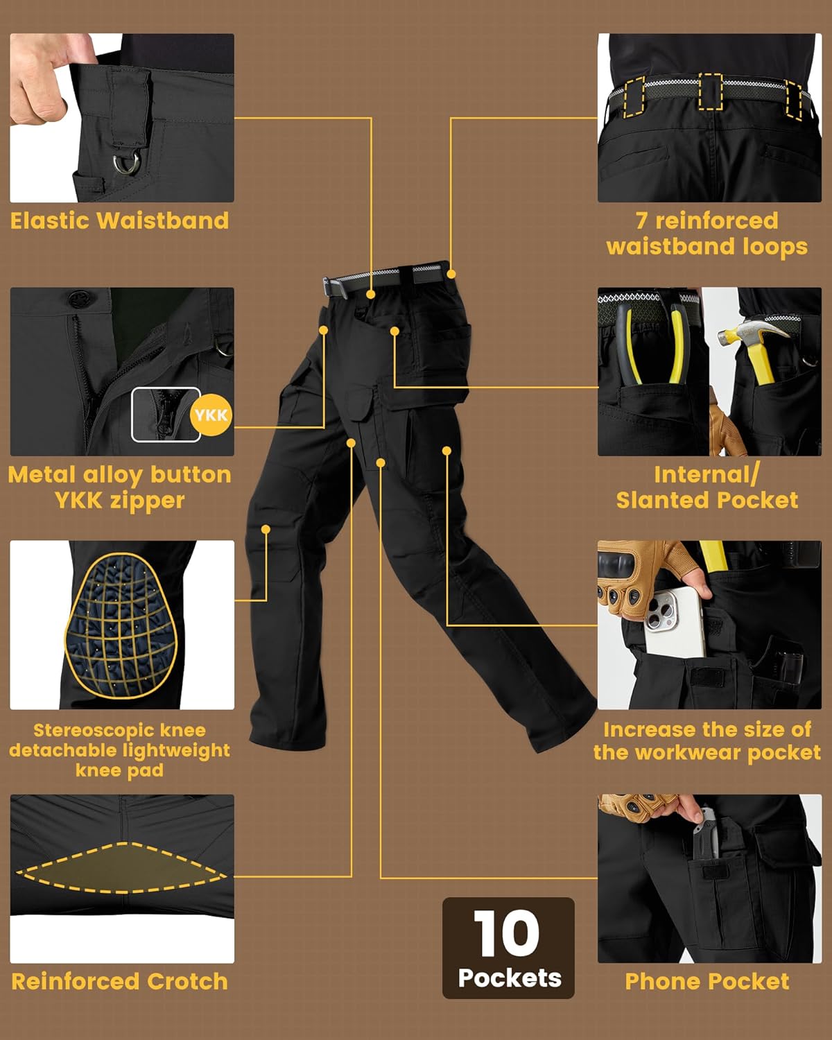 Men's Stretch Tactical Work Pants with Removable Knee Pads, Water-Resistant Ripstop Cargo Pants for Outdoor & Hiking - Image 4