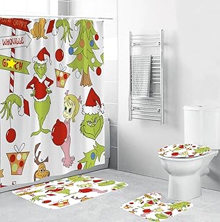 4Pcs Christmas Shower Curtain Set with Non-Slip Rugs, Toilet Lid Cover and Bath Mat, Christmas Bathroom Decor with Hooks 71'' x 71'' (White)