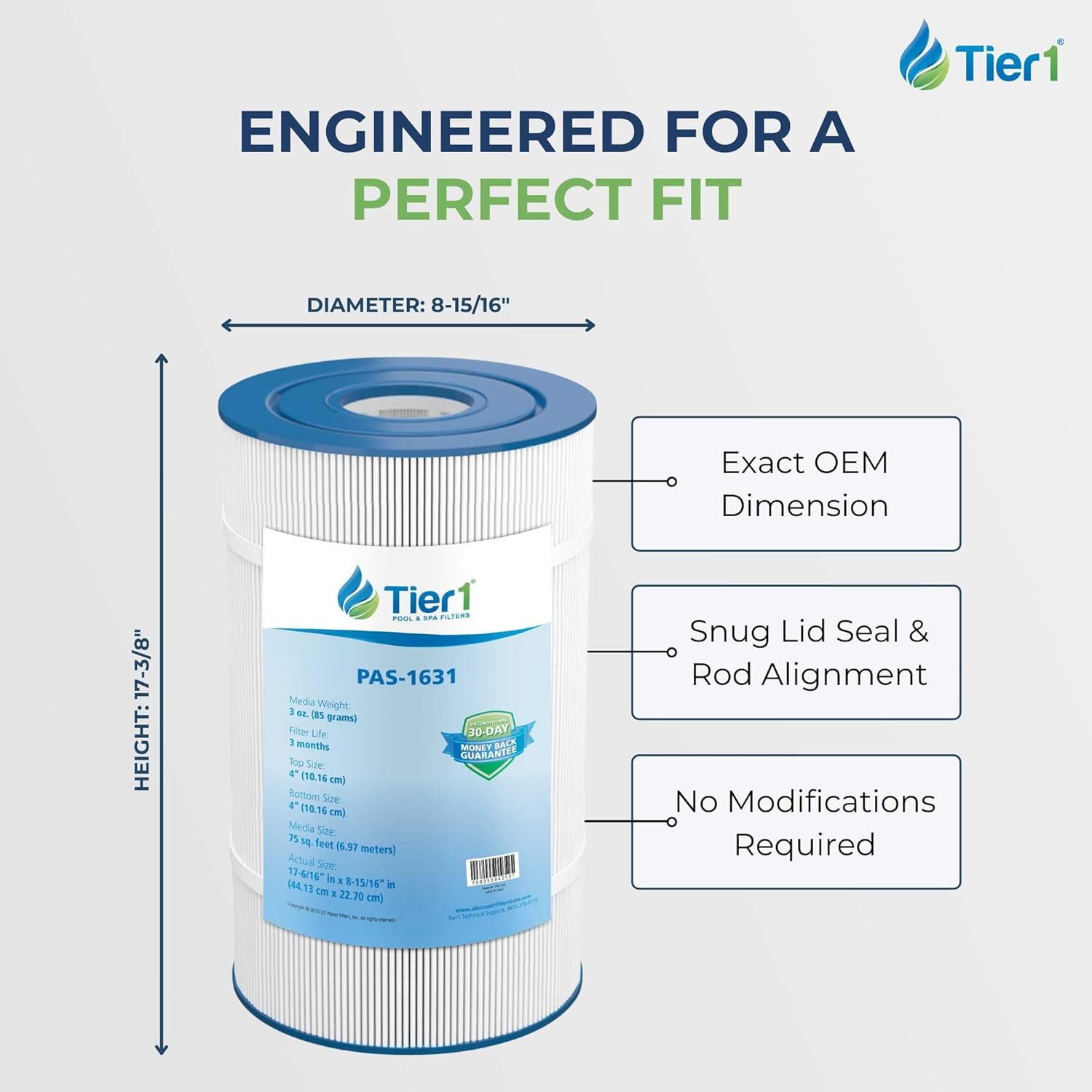 Tier1 Replacement for Waterway Clearwater II 75 Pool Filter Cartridge – 2 Pack | Compatible with Unicel C-8411, Pleatco PWWCT75, Filbur FC-1255 | 17-3/8" x 8-15/16" | Trilobal Fabric | Washable Filter