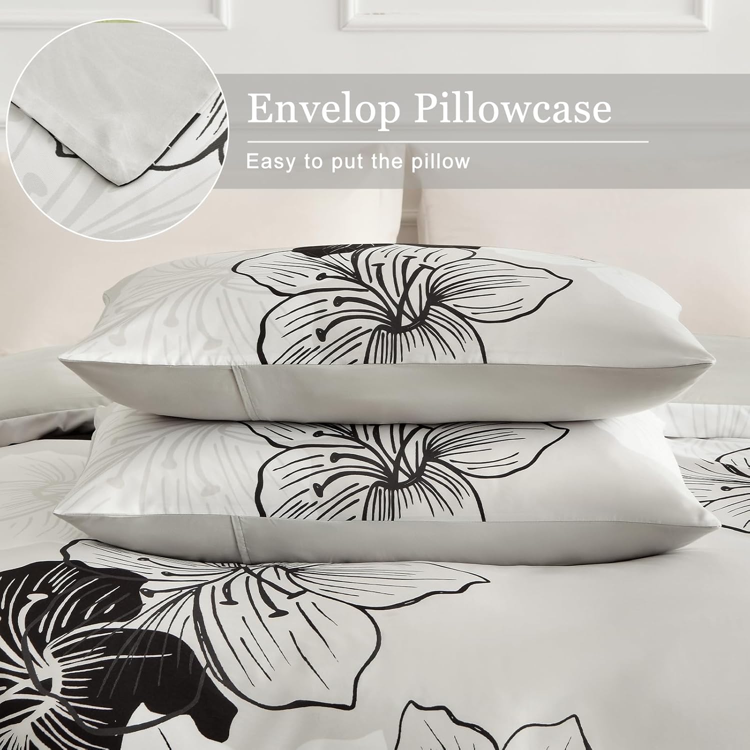 DJY 3 Pieces Duvet Cover Set Queen Black White Floral Pattern Comforter Cover Elegant Boho Floral Duvet Cover with 2 Pillow Cases Lightweight Microfiber Bedding Duvet Cover Set All Season 90"x90"