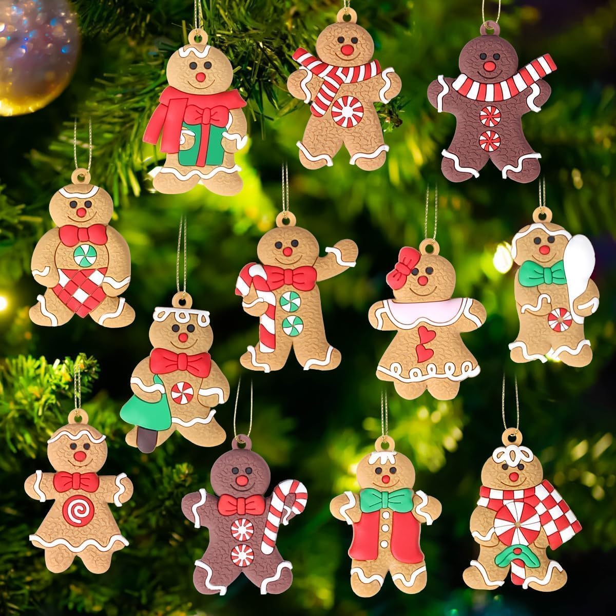 T Tersely 12pcs Gingerbread Man Christmas Tree Ornaments Assorted Silicone Plastic Christmas Tree Hanging Decorations