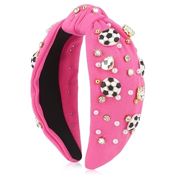 Soccer Headbands for Women Crystal Soccer Embellished Wide Top Knot Headband for Women Game Day Hair Accessories Pink