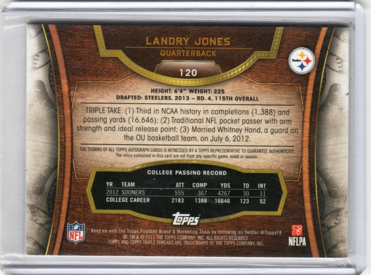 Landry Jones Autographed Serial Numbered #93/99 Triple Threads Rookie Autograph Game Used Jersey Memorabilia Parallel Collectible Football Card - 2013 Topps Triple Threads Football Card #120 (Steelers)