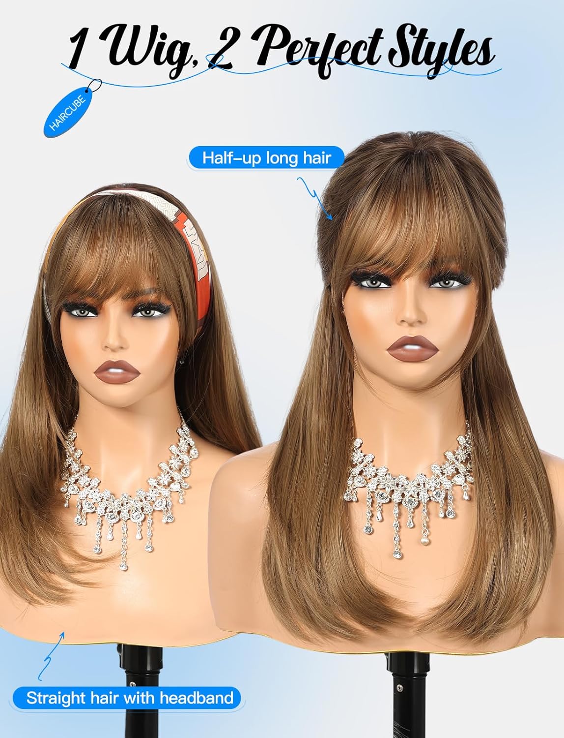 HAIRCUBE Layered Light Brown Medium Long Straight Synthetic Wigs for Women with Bangs Heat Resistant Natural Look for Daily Use - Image 4