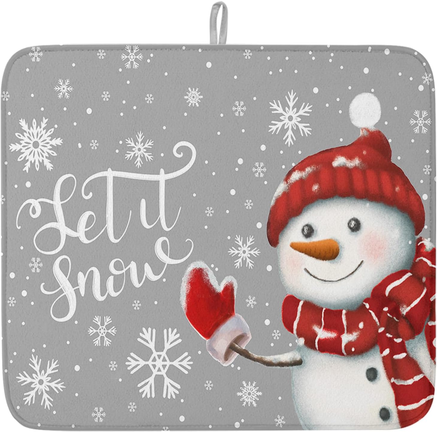 Grey Snowman Christmas Dish Drying Mat for Kitchen Counter, Winter Snowflake Dish Mat Drying Pad, Xmas Baby Bottle Microfiber Drying Pad, Absorbent Coffee Cup Dishes Drainer 18"x24"