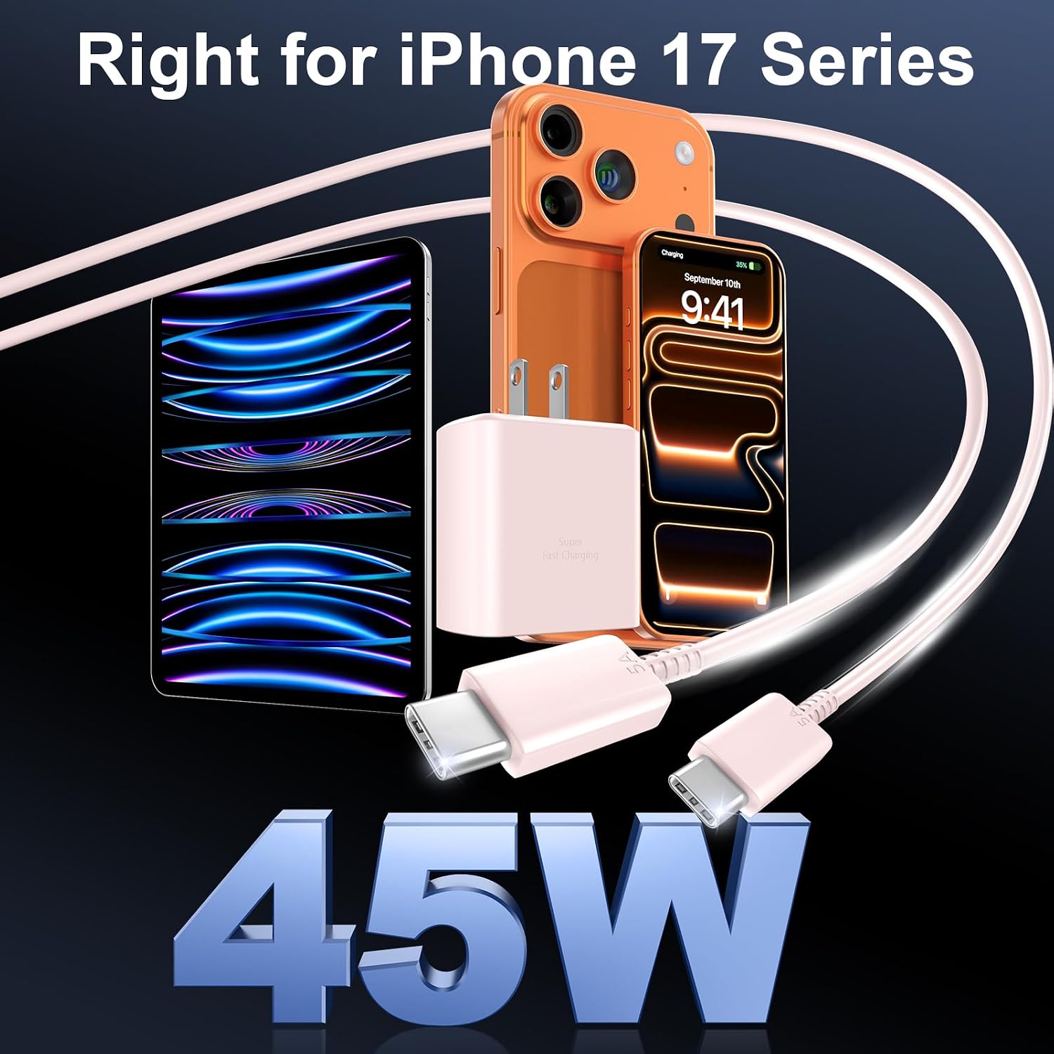 Phone 17 16 Pro Max Charger Fast Charging, 45W USB C Phone 17 16 Super Fast Charger Block with 10ft Long Type C Charging Cable Cord for i.Phone 17 Pro Max/17 Pro/17 Air/17/16/16Pro/ProMax-White+Pink