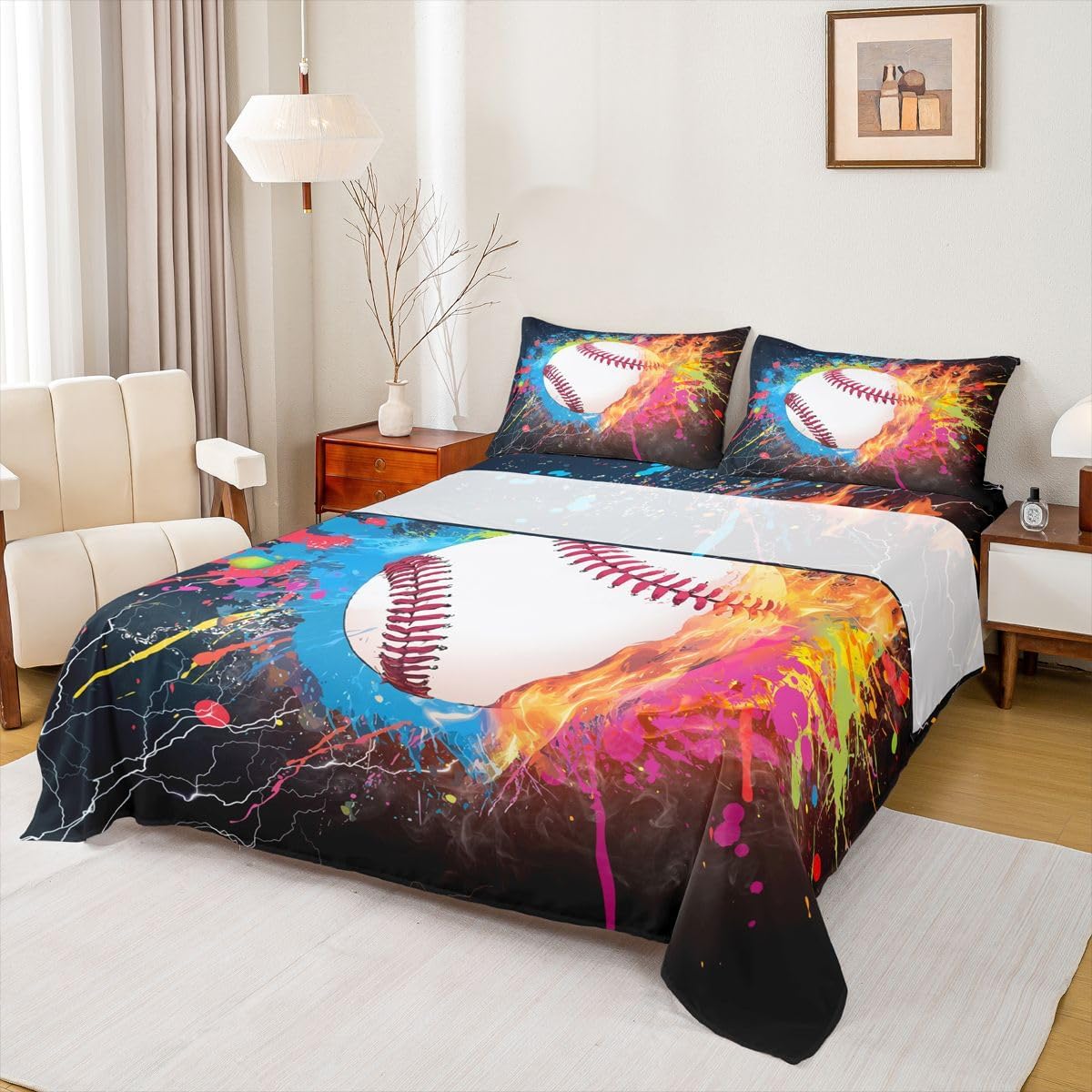 Baseball Queen Tie Dye Sports Sheet Set - Red, Blue, Fire, Water, Lightning - Breathable Fitted Sheet, 2 Pillow Cases