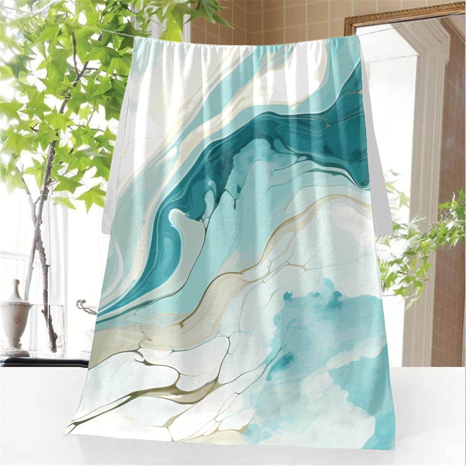 Teal Turquoise Marble Bath Towels Set Abstract Art Absorbent Bath Sheet Hand Towel Wash Cloth for Bathroom Spa Gym Guest Use