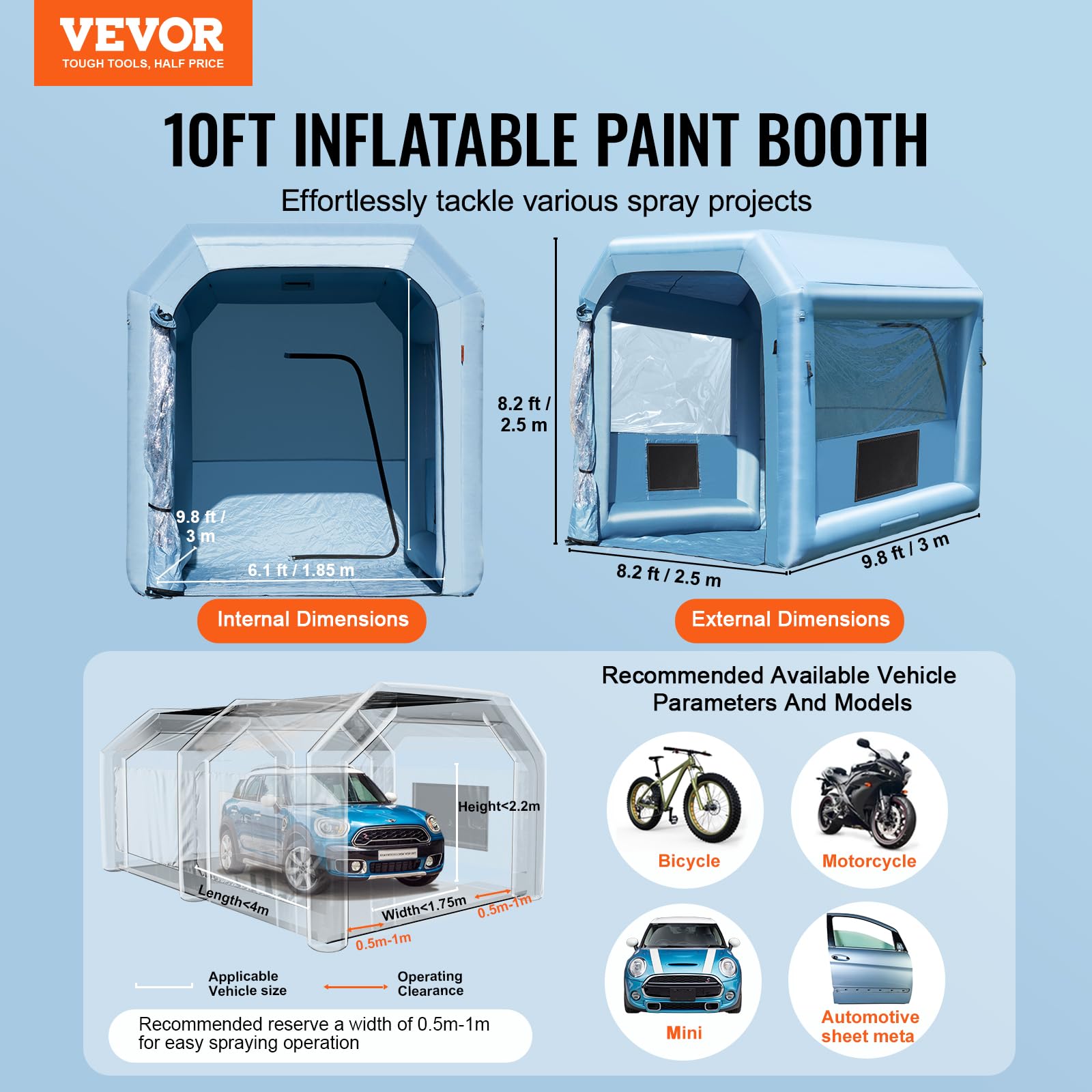 VEVOR Cabine de Peinture Gonflable 3x2,5x2,5 m, Tente Peinture Gonflable Automobile avec Souffleur Puissant de 550 W et Système de Filtration, Station de Travail pour Pose de Peinture Atelier Garage