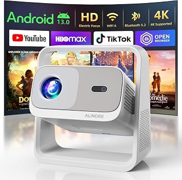 Smart Projector with WiFi6 and Bluetooth5.2, Built-in Apps, 4K Support, Native 1080P Outdoor Movie Projector, Auto Keystone & 360Stand, 2026 Upgraded Portable Proyector for Home Theater, White