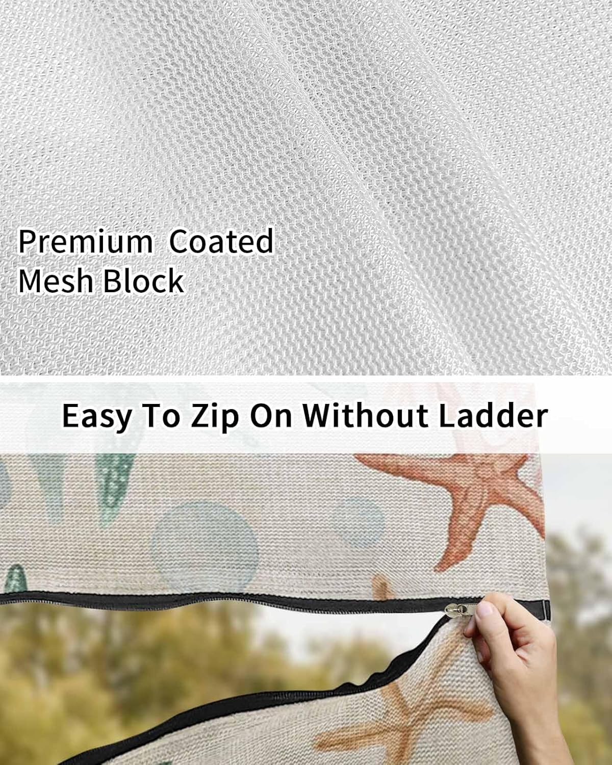 Oceans Animal RV Awning Sun Shade Screen with Zipper 9'x7' Summer Colorful Starfish Coral Seagrass Linen Texture Mesh Sunshade UV Blocker Awning Shade Complete Kits for Motorhome Camper Travel Canopy