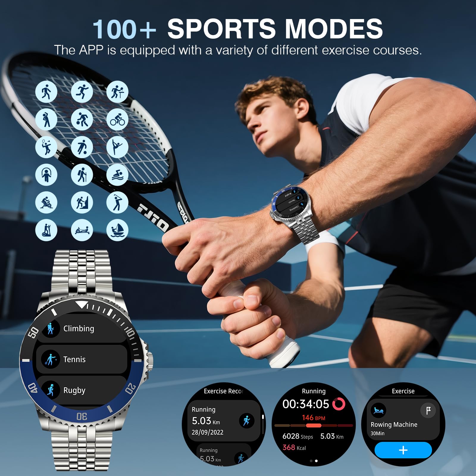 AI Smartwatch Herren, 1,19'' AMOLED Smart Watch mit Bluetooth Anrufe, 107 Sportmodi Fitnessuhr mit Herzfrequenz Schlafüberwachung Schrittzähler, IP67 Wasserdicht Runde Uhr für iOS Android Silber