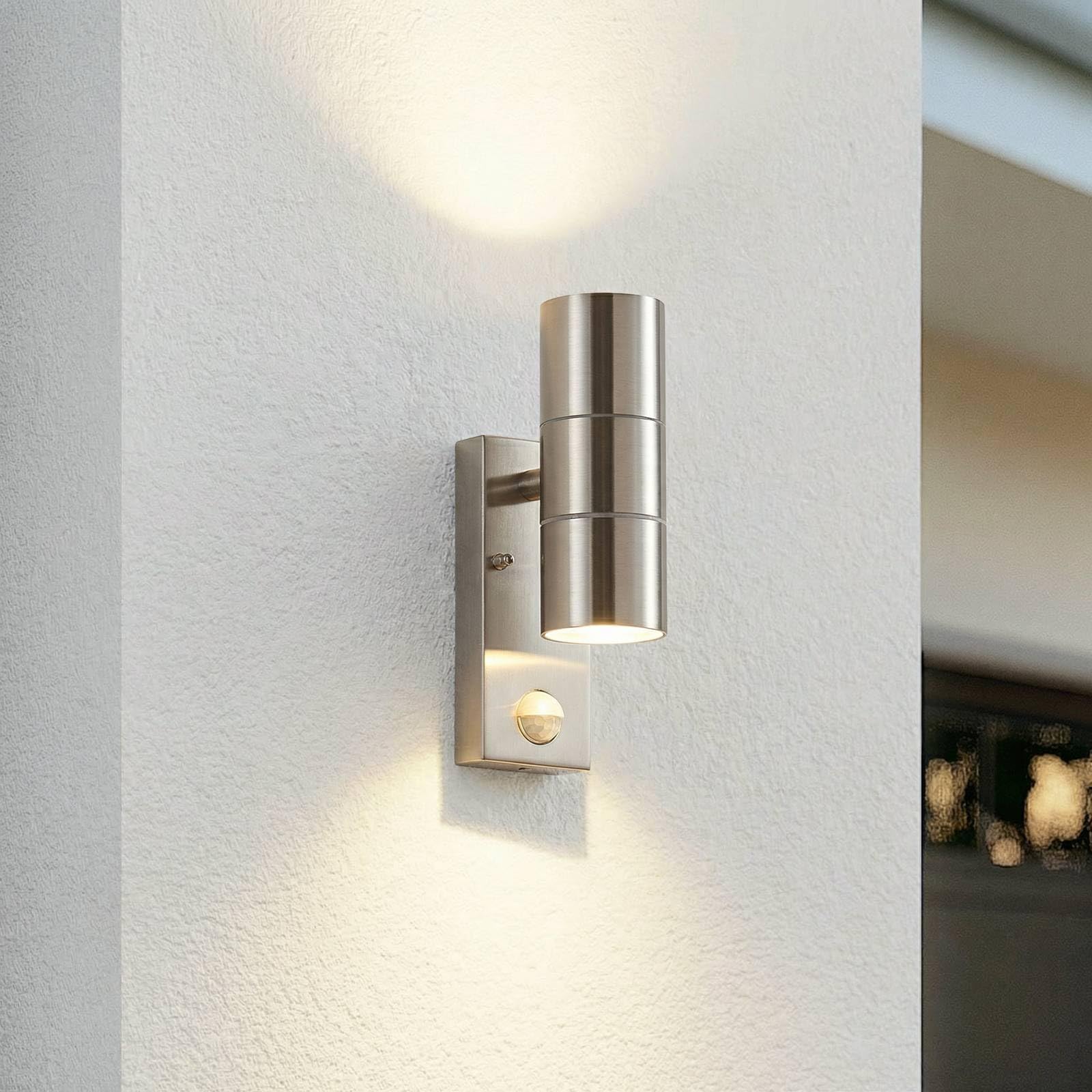 Lindby Stainless Steel Outdoor Wall Light Eyrin Dimmable With Motion Detector (Modern) In Silver Made Of (2 Light Sources, Gu10) From Wall Lamp For Exterior/Interior Walls House Terrace Und