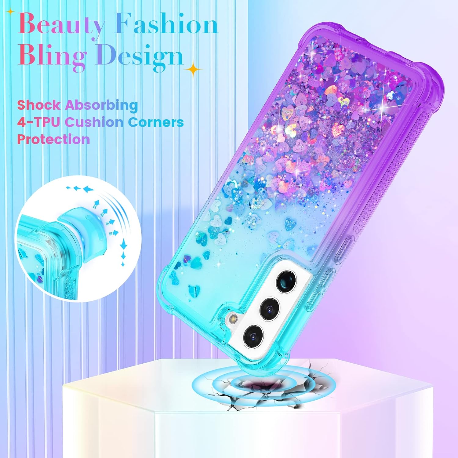 Ruky Samsung Galaxy S22 Case, Full Body Case with Screen Protector Glitter Liquid Soft TPU Rugged Bumper Protective Bling Sparkle Girls Women Phone Case for Samsung Galaxy S22 5G, Teal Purple