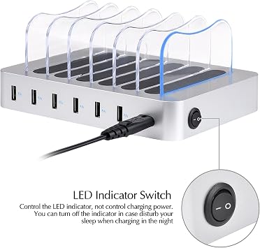 6-Port USB Charger Station with 6 Short USB Cables - Multi Device Desktop Charger for Cellphone, Tablet, Earphones, MP3, MP4 & More (Silver)