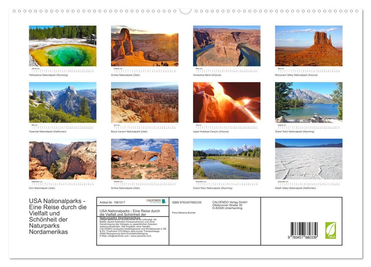 USA Nationalparks - Eine Reise durch die Vielfalt und Schönheit der Naturparks Nordamerikas (Wandkalender 2026 DIN A2 quer), CALVENDO Monatskalender: Atemberaubende Landschaften (CALVENDO Natur)