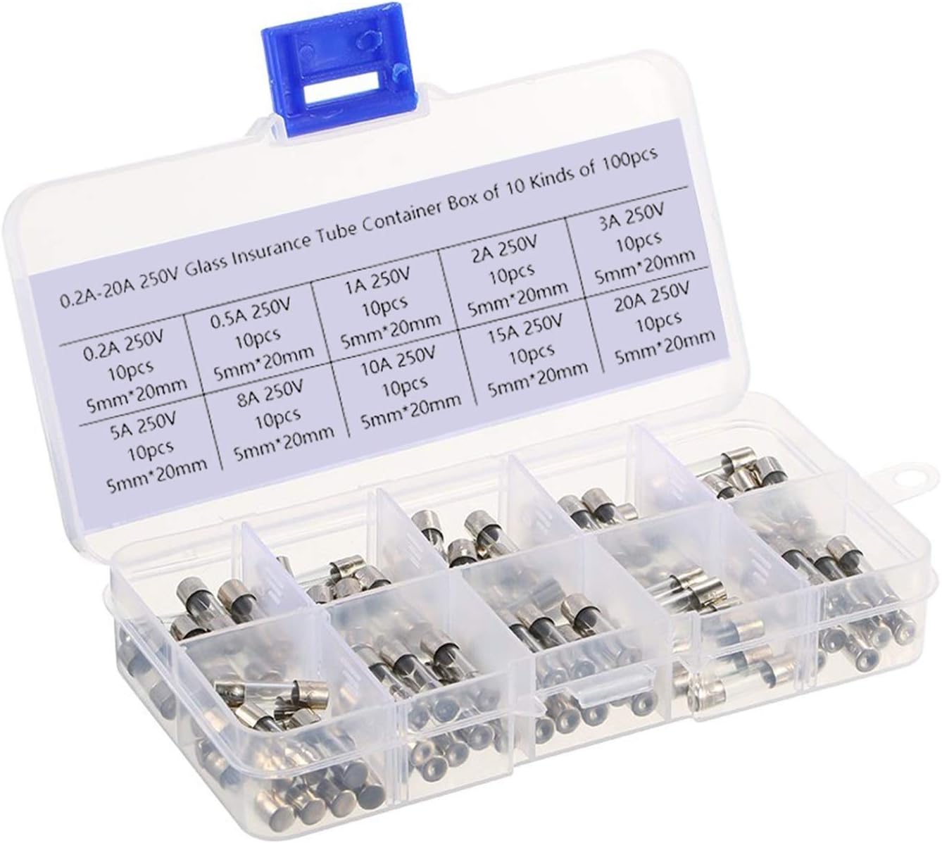 Fuses 100Pcs/Set 5x20mm Quick Blow Glass Tube Fuse Assorted Kits, Fast-Blow Glass Car Fuses 0.2A 0.5A 1A 2A 3A 5A 8A 10A 15A 20A