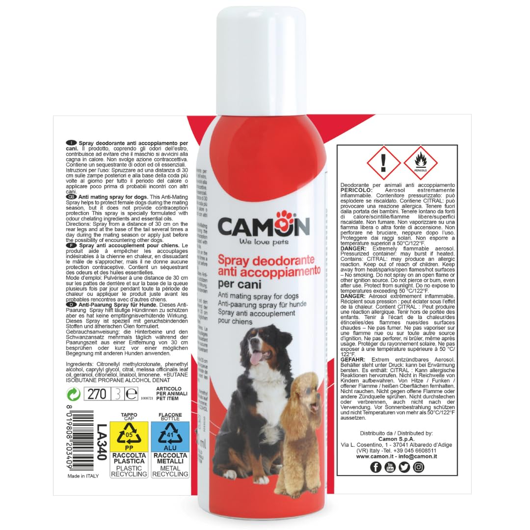 CAMON | Spray Deodorante Anti Accoppiamento dei Cani, Formato da 200ml, Riduce Attrazione Maschile, Ideale per i Periodi di Calore, con Oli Essenziali (L'imballaggio può variare)
