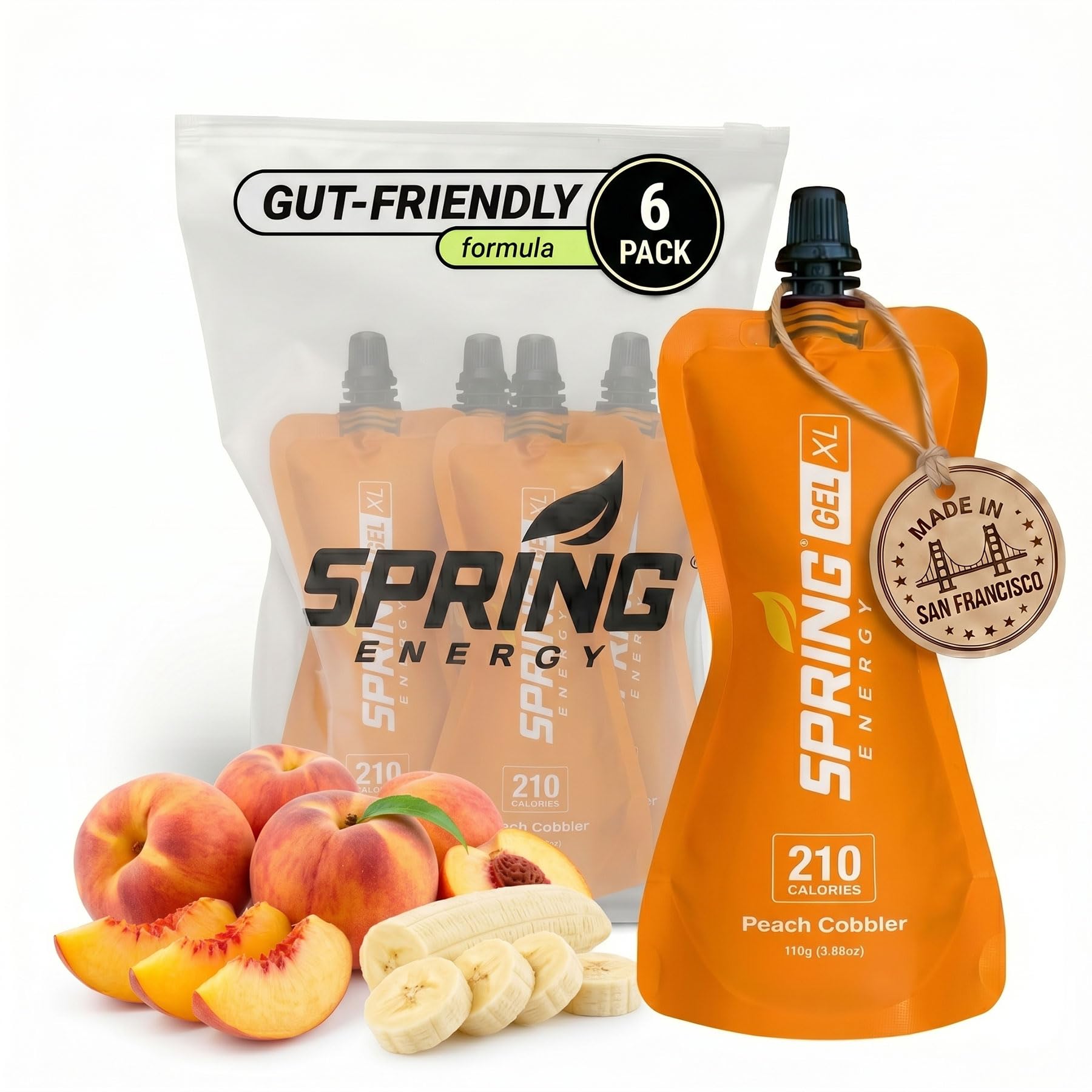 Spring Energy Honey Banana Peach Energy Gel - Real Food Running Gel, 210 Calories, Peach Cobbler Flavor - 50g of Carbs, No Rice Syrup or Maltodextrin (6 Pack)