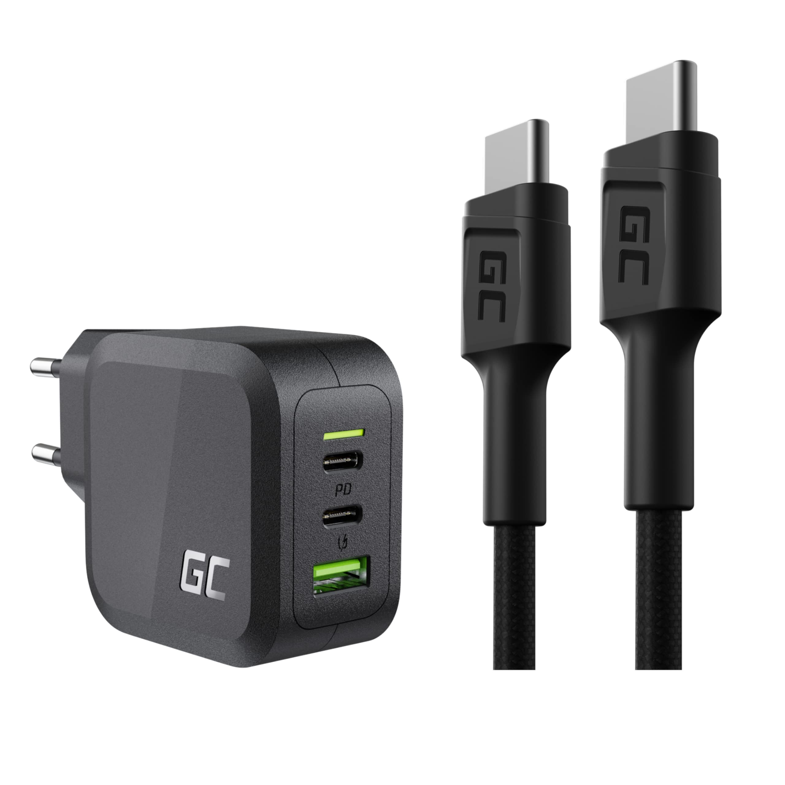 Green Cell PowerGaN PD 65 W con 2 X USB-C PD, 1 x alimentatore USB-A QC 3.0 con tecnologia GaN, caricatore da parete con GC PowerStream | 2m USB C - Tipo C Cavo Nylon Cavetto Cable di Ricarica 60W