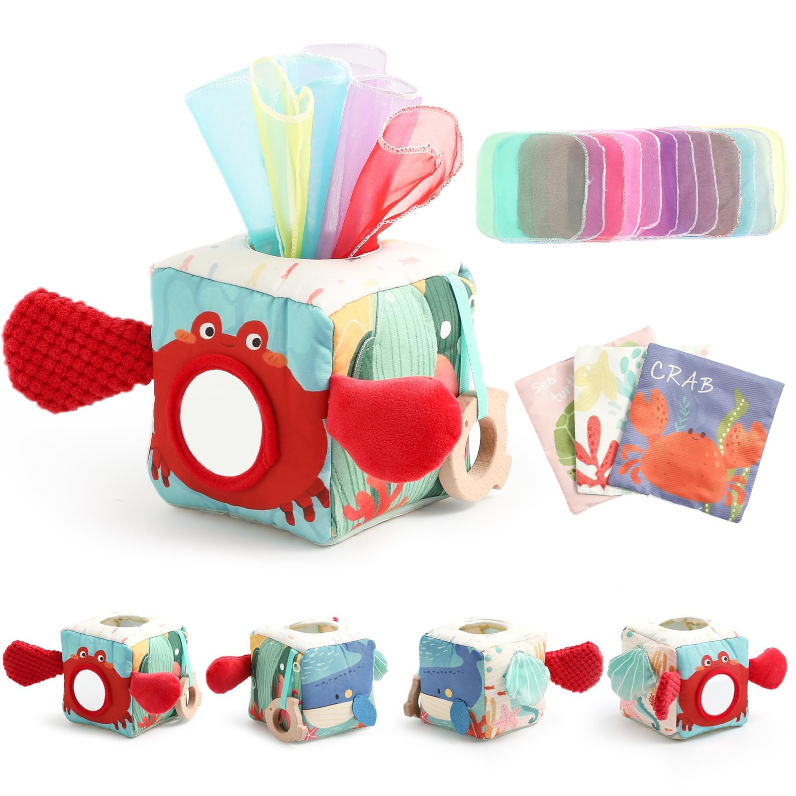 WOODEN TEETHER Baby Tissue Box Toy Mesi Montessori Sensorial Giocattolo, Promuove Le capacità sensoriali e motorie, con specchi, Colori, Trame, Suoni, Ragazzi e Ragazze (Animali marini)