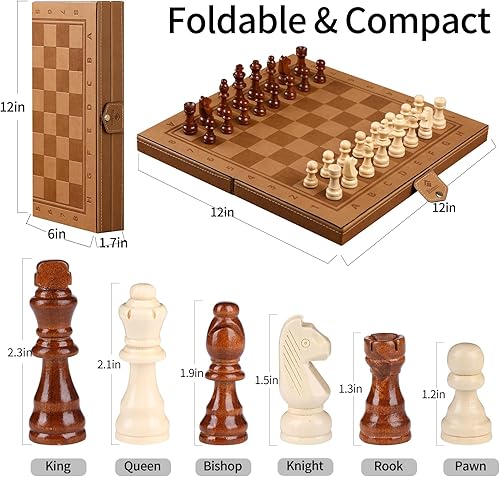 Miniatura 6 de Tablero de ajedrez para niños y adultos, tablero magnético de ajedrez y damas de viaje de 12 pulgadas, juego 2 en 1, tableros de ajedrez de cuero