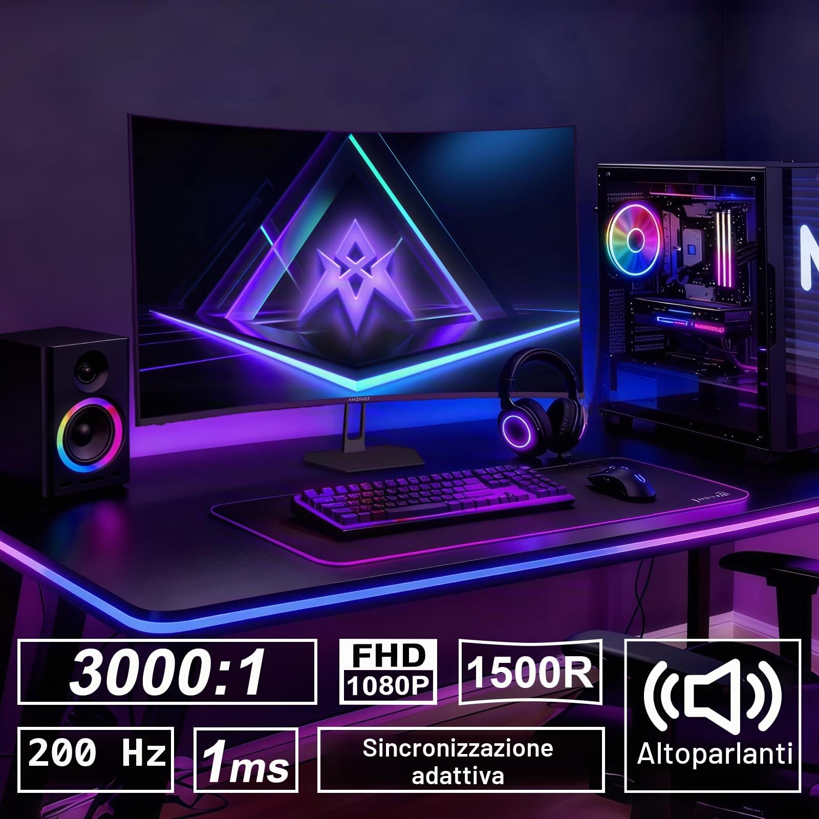 Amzfast Monitor da gioco curvo da 27 pollici, 200 Hz, monitor per computer FHD 1080p con altoparlanti integrati, MPRT da 1 ms con pannello VA veloce | 130% sRGB, 3000: 1.1500R | 12 mesi di garanzia