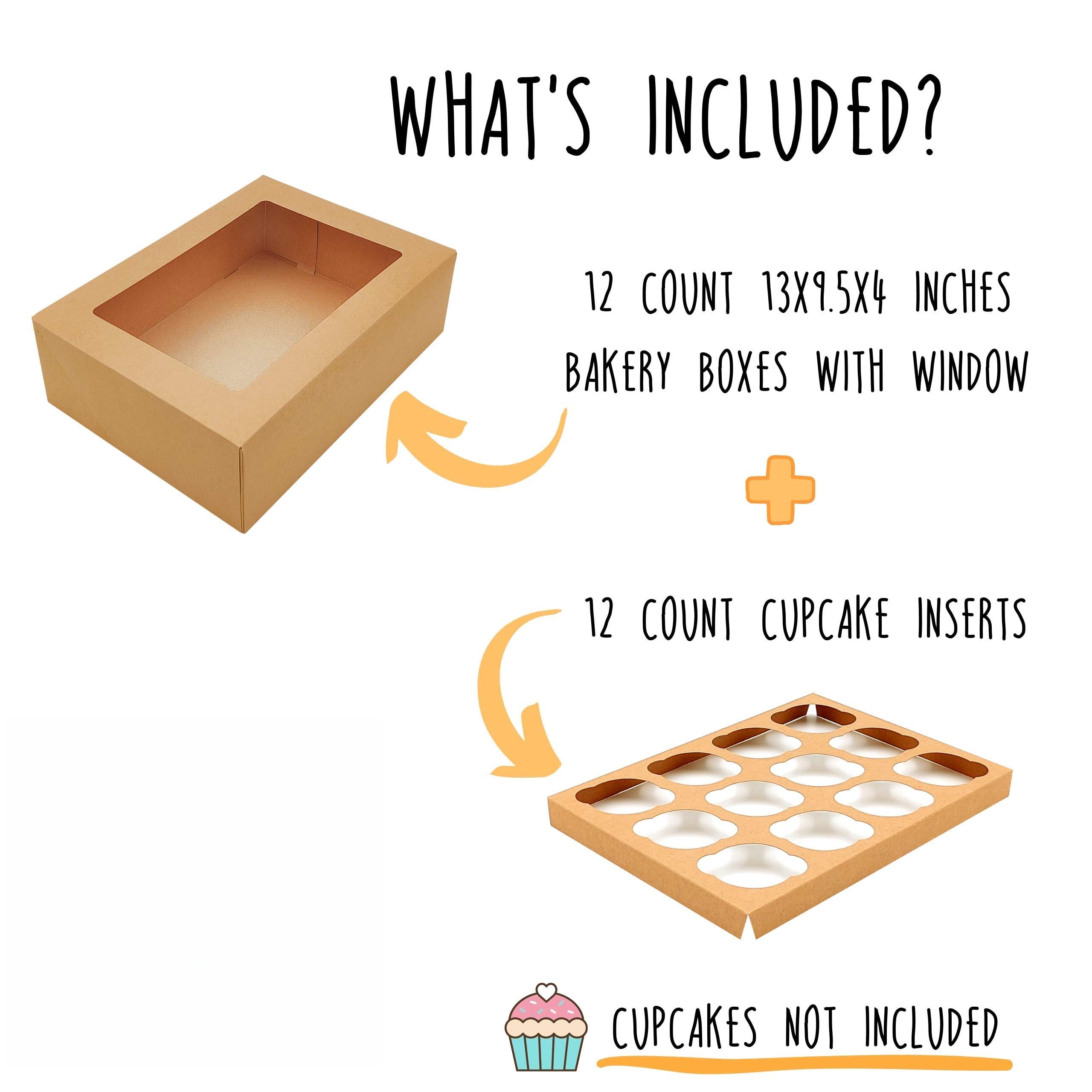 Cajas para cupcakes Kraft Bakery con ventana, 33 x 24 x 10 cm, paquete de 12 recipientes de transporte + 12 insertos para cupcakes, cajas rectangulares para tartas, gruesas y resistentes, 400 g/m²